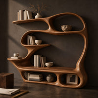 Corner detail of sculpted bookshelf with a built in reading bench, loop frame and open cubbies beside wood, brass and linen samples