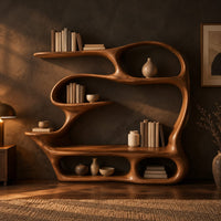 Sculpted bookshelf with a built in reading bench, loop frame and open cubbies in a dark living room at golden hour