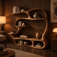 Sculpted bookshelf with a built in reading bench, loop frame and open cubbies in an evening living room with walnut wall paneling