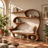 Sculpted bookshelf with a built in reading bench, loop frame and open cubbies in a bright living room with arched windows and plants