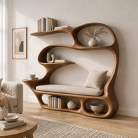 Sculpted bookshelf with a built in reading bench, loop frame and open cubbies in a Scandinavian living room with white walls