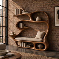 Sculpted bookshelf with a built in reading bench, loop frame and open cubbies in an industrial loft living room with exposed brick