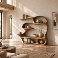 Sculpted bookshelf with a built in reading bench, loop frame and open cubbies in a bright open plan living room