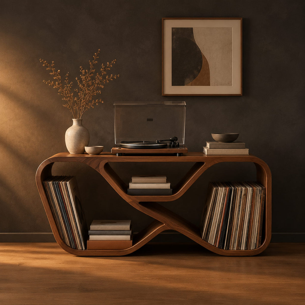 Low record console with a looping ribbon frame and open end bays in a dark studio against a charcoal plaster wall