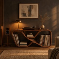 Low record console with a looping ribbon frame and open end bays in a dark living room at golden hour