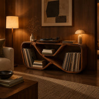 Low record console with a looping ribbon frame and open end bays in an evening living room with walnut wall paneling