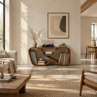 Low record console with a looping ribbon frame and open end bays in a bright open plan living room