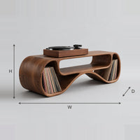 Record Console With Rolled Ends And Wave Shaped Open Shelf dimension diagram with width, height and depth