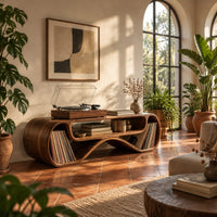 Long low record console with rolled ends and a wave shaped lower edge in a bright living room with arched windows and plants