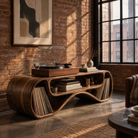 Long low record console with rolled ends and a wave shaped lower edge in an industrial loft living room with exposed brick