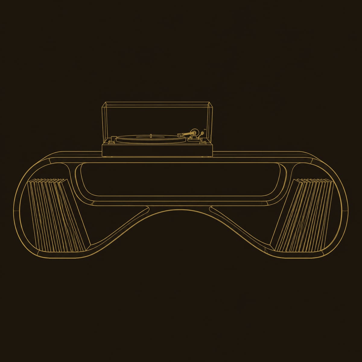 Record Console With Rolled Ends And Wave Shaped Open Shelf dimension diagram