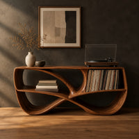 Record console with a twisting figure eight frame and two open bays in a dark studio against a charcoal plaster wall