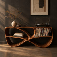 Record console with a twisting figure eight frame and two open bays, three-quarter view showing the grain