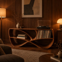 Record console with a twisting figure eight frame and two open bays in an evening living room with walnut wall paneling