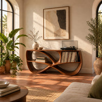 Record console with a twisting figure eight frame and two open bays in a bright living room with arched windows and plants