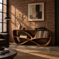 Record console with a twisting figure eight frame and two open bays in an industrial loft living room with exposed brick