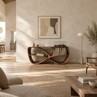 Record console with a twisting figure eight frame and two open bays in a bright open plan living room