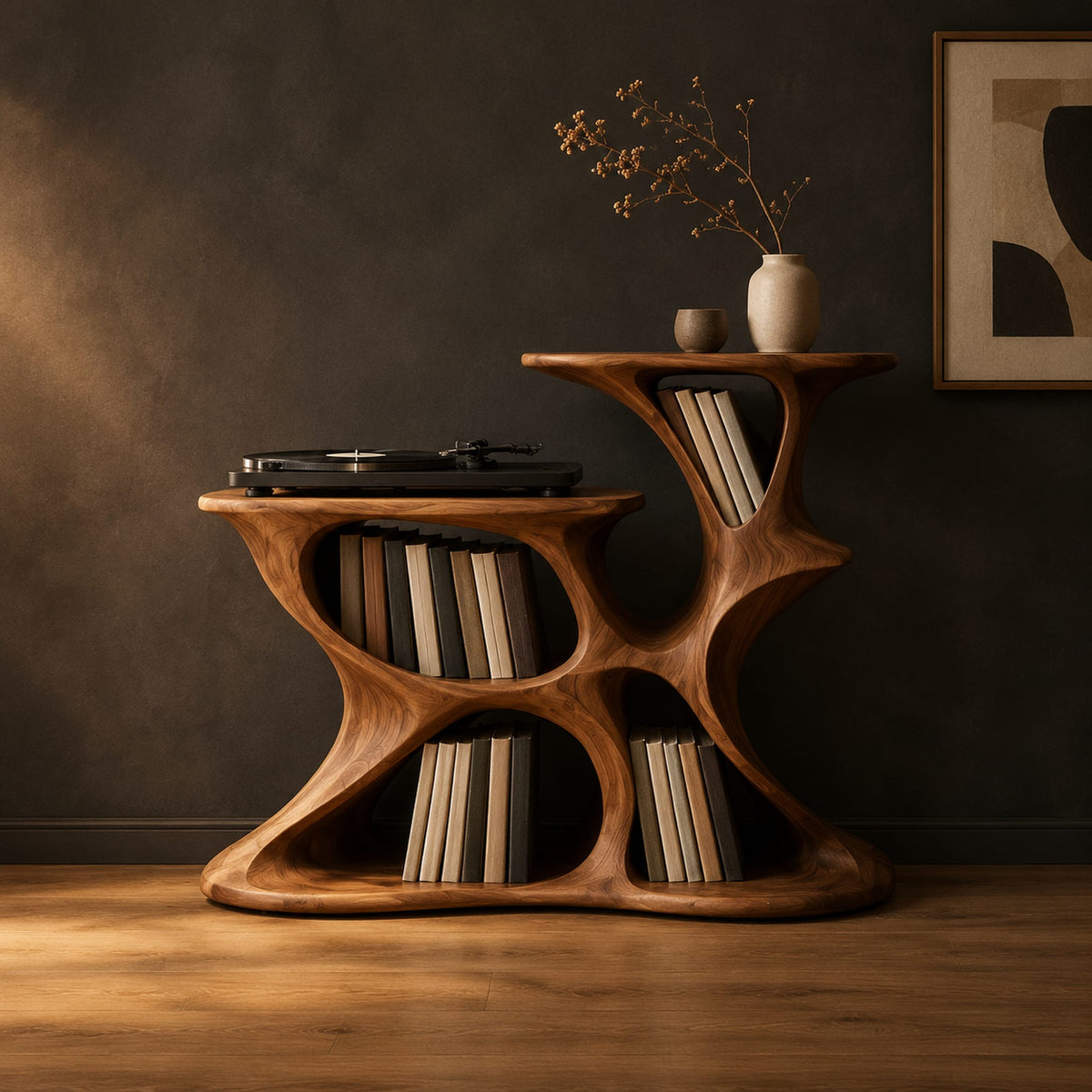 Sculpted organic record player stand with open pockets and two top levels in a dark studio against a charcoal plaster wall
