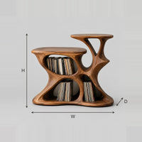 Record Player Stand With A Sculpted Organic Frame And Open Pockets dimension diagram with width, height and depth