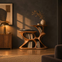 Sculpted organic record player stand with open pockets and two top levels in a dark living room at golden hour