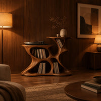 Sculpted organic record player stand with open pockets and two top levels in an evening living room with walnut wall paneling