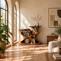 Sculpted organic record player stand with open pockets and two top levels in a bright living room with arched windows and plants
