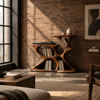 Sculpted organic record player stand with open pockets and two top levels in an industrial loft living room with exposed brick