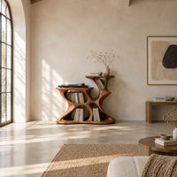 Sculpted organic record player stand with open pockets and two top levels in a bright open plan living room
