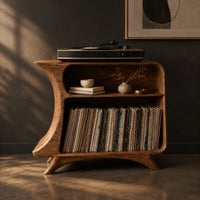 Flared record stand with a small upper bay and a larger open bay below, three-quarter view showing the grain