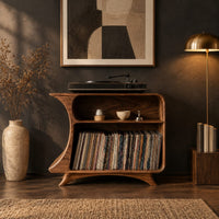 Flared record stand with a small upper bay and a larger open bay below in a dark living room at golden hour