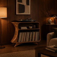 Flared record stand with a small upper bay and a larger open bay below in an evening living room with walnut wall paneling
