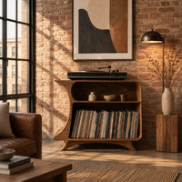 Flared record stand with a small upper bay and a larger open bay below in an industrial loft living room with exposed brick