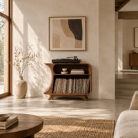 Flared record stand with a small upper bay and a larger open bay below in a bright open plan living room