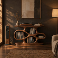 Sculpted record player stand with flowing open cutouts and a flat top in a dark living room at golden hour