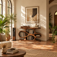 Sculpted record player stand with flowing open cutouts and a flat top in a bright living room with arched windows and plants