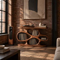 Sculpted record player stand with flowing open cutouts and a flat top in an industrial loft living room with exposed brick
