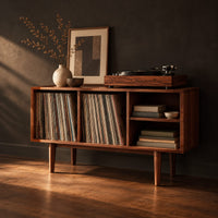 Open record player stand with four bays on tapered legs, three-quarter view showing the grain
