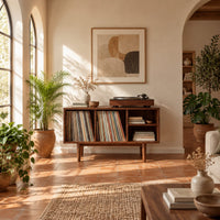 Open record player stand with four bays on tapered legs in a bright living room with arched windows and plants