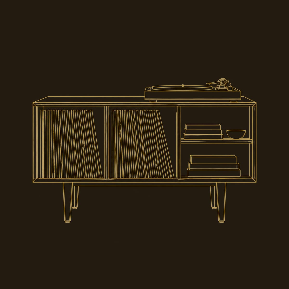 Record Player Stand With Four Open Bays And Tapered Legs dimension diagram