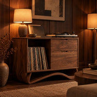 Record player stand with an open side bay and a sweeping ribbon base in an evening living room with walnut wall paneling