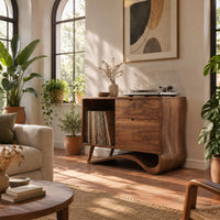 Record player stand with an open side bay and a sweeping ribbon base in a bright living room with arched windows and plants