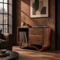 Record player stand with an open side bay and a sweeping ribbon base in an industrial loft living room with exposed brick