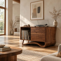 Record player stand with an open side bay and a sweeping ribbon base in a bright open plan living room