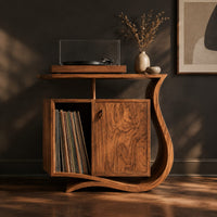 Record player stand with a ribbon base, a side slot and a raised top, three-quarter view showing the grain