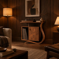 Record player stand with a ribbon base, a side slot and a raised top in an evening living room with walnut wall paneling
