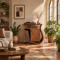 Record player stand with a ribbon base, a side slot and a raised top in a bright living room with arched windows and plants