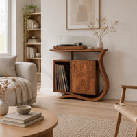 Record player stand with a ribbon base, a side slot and a raised top in a Scandinavian living room with white walls