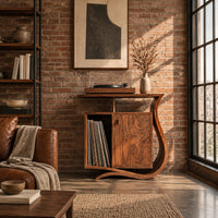 Record player stand with a ribbon base, a side slot and a raised top in an industrial loft living room with exposed brick
