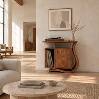 Record player stand with a ribbon base, a side slot and a raised top in a bright open plan living room