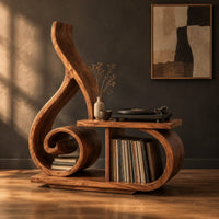 Record player stand with a spiral scroll and a tall sweeping back in a dark studio against a charcoal plaster wall